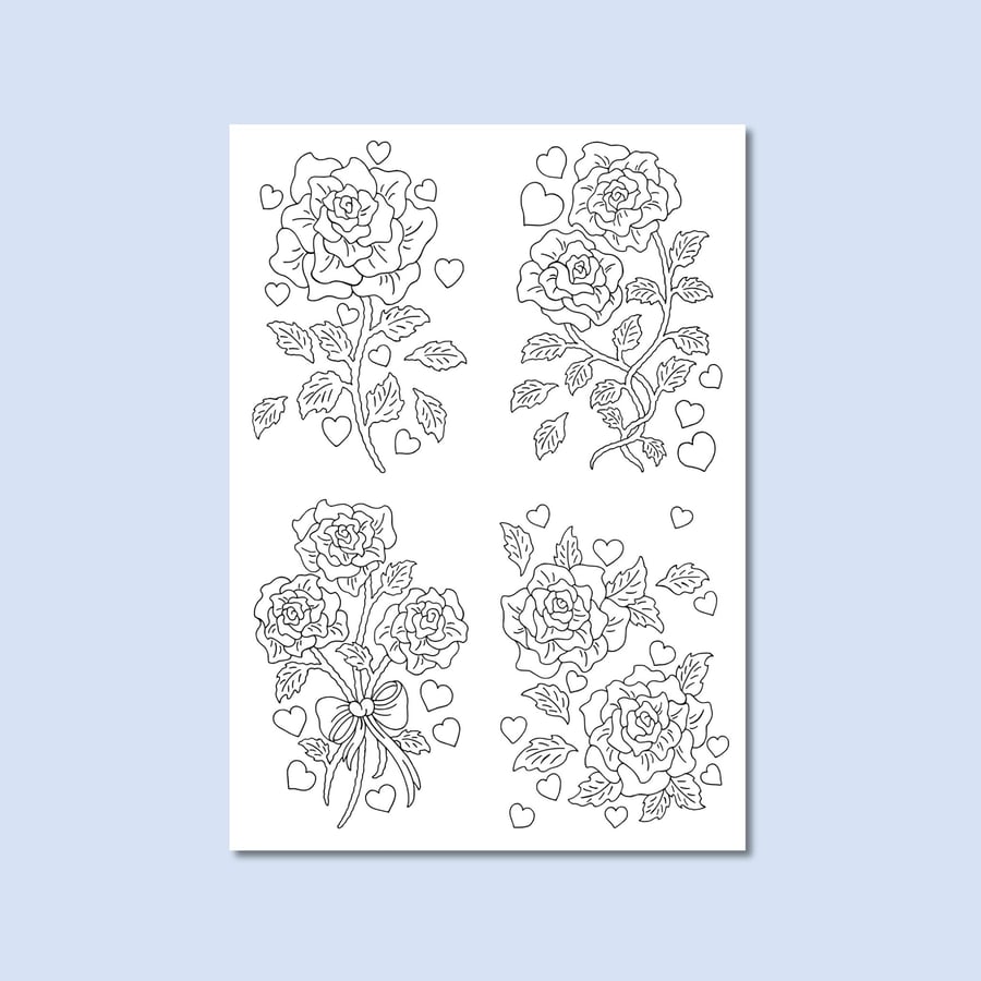 (Printable Art) Four Rose Postcard Colouring Page (Cut To Size)