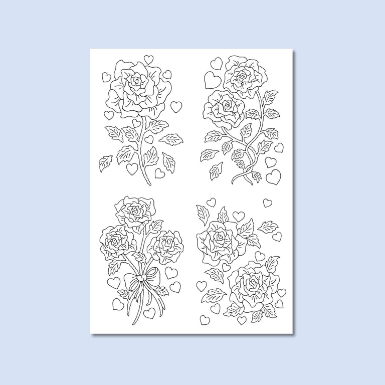 (Printable Art) Four Rose Postcard Colouring Page (Cut To Size)