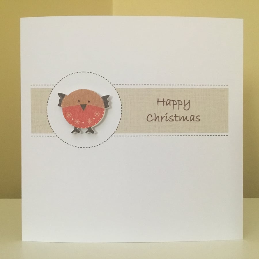 Handmade Christmas card with wooden robin