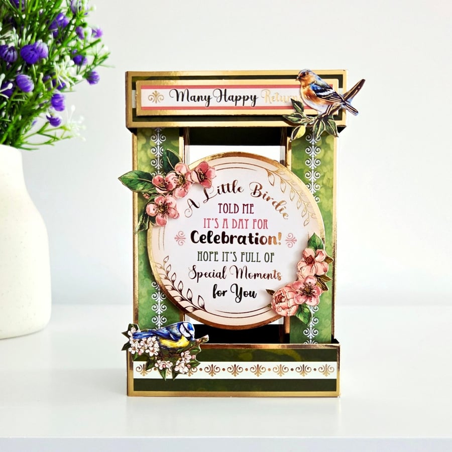 3D Tower Birthday Card With Flowers And Birds