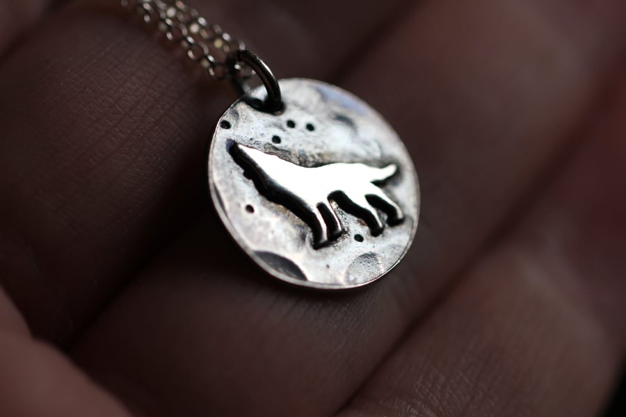 Sterling silver wolf and moon necklace