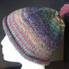 Handknit Beanie Hat 100% wool Stripey Mix