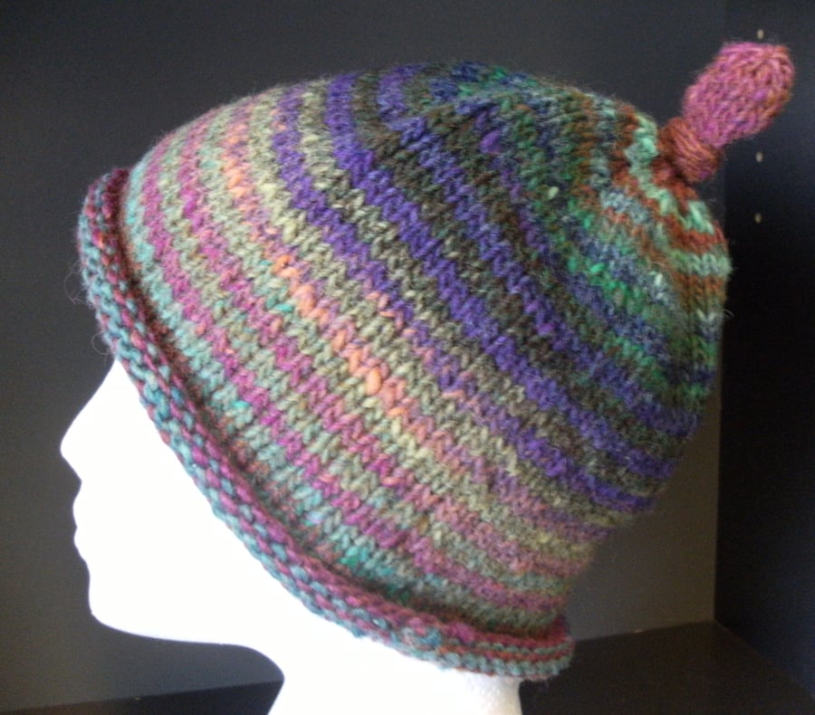 Handknit Beanie Hat 100% wool Stripey Mix