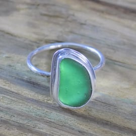 Silver bezel set seaglass skinny ring - size P & half