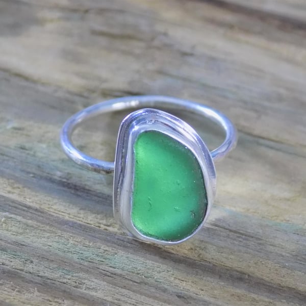 Silver bezel set seaglass skinny ring - size P & half