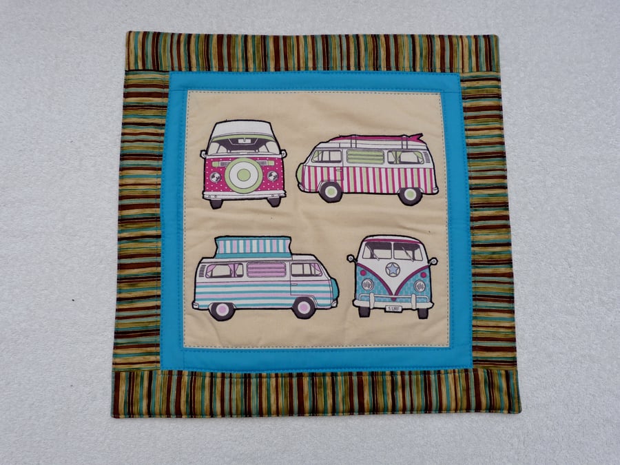 VW Camper Cushion with Four Vans. Applique and Quilted. Button Back.
