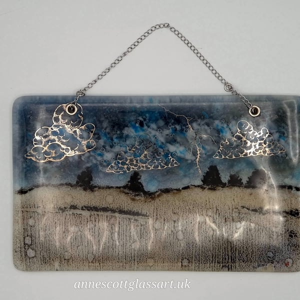 The Silver Lining in a Storm Fused Glass Hanging Wall-Panel