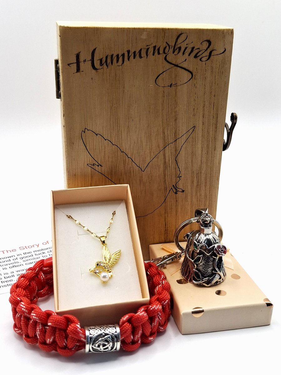 Lady Bikers Gift Box, Bikers Bell Gremlin Bell Gold Necklace Paracord Bracelet 