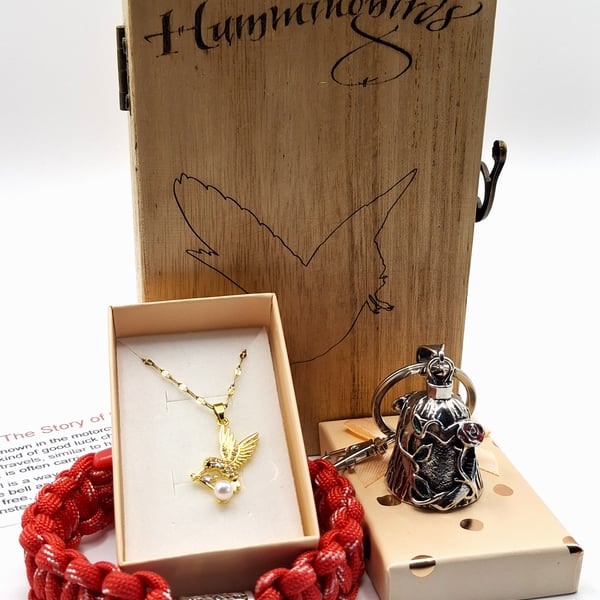 Lady Bikers Gift Box, Bikers Bell Gremlin Bell Gold Necklace Paracord Bracelet 