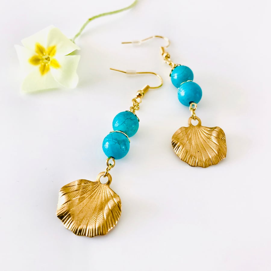 FREE P&P Fancy gold leaf dangle earrings with turquoise beads 