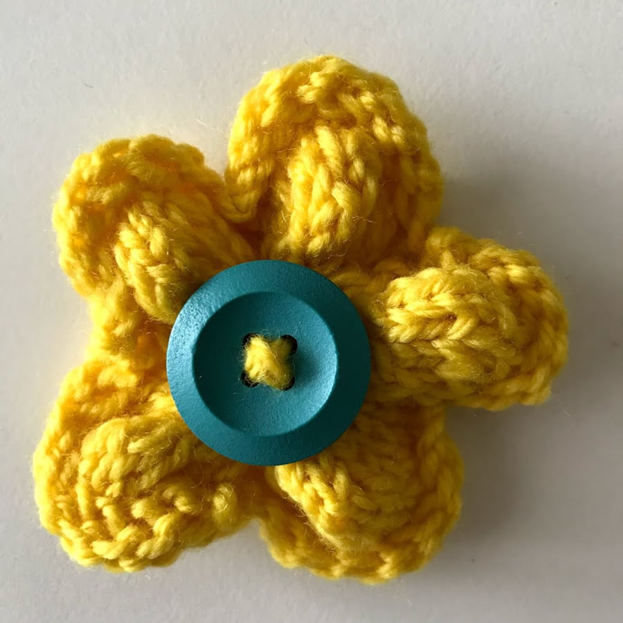 Hand knitted flower brooch pin - Yellow