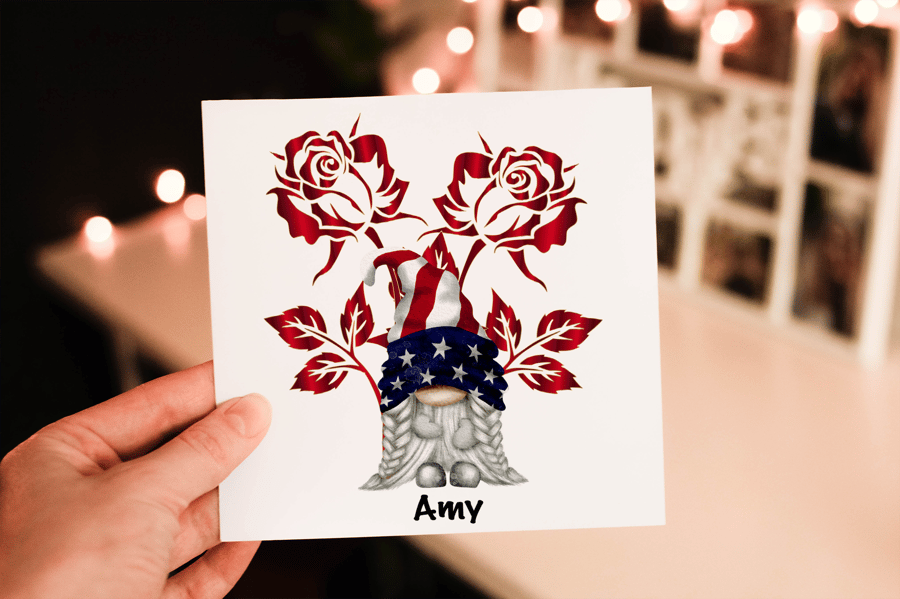 USA Gnome Red Rose Card, American National Flower Card, Custom Card