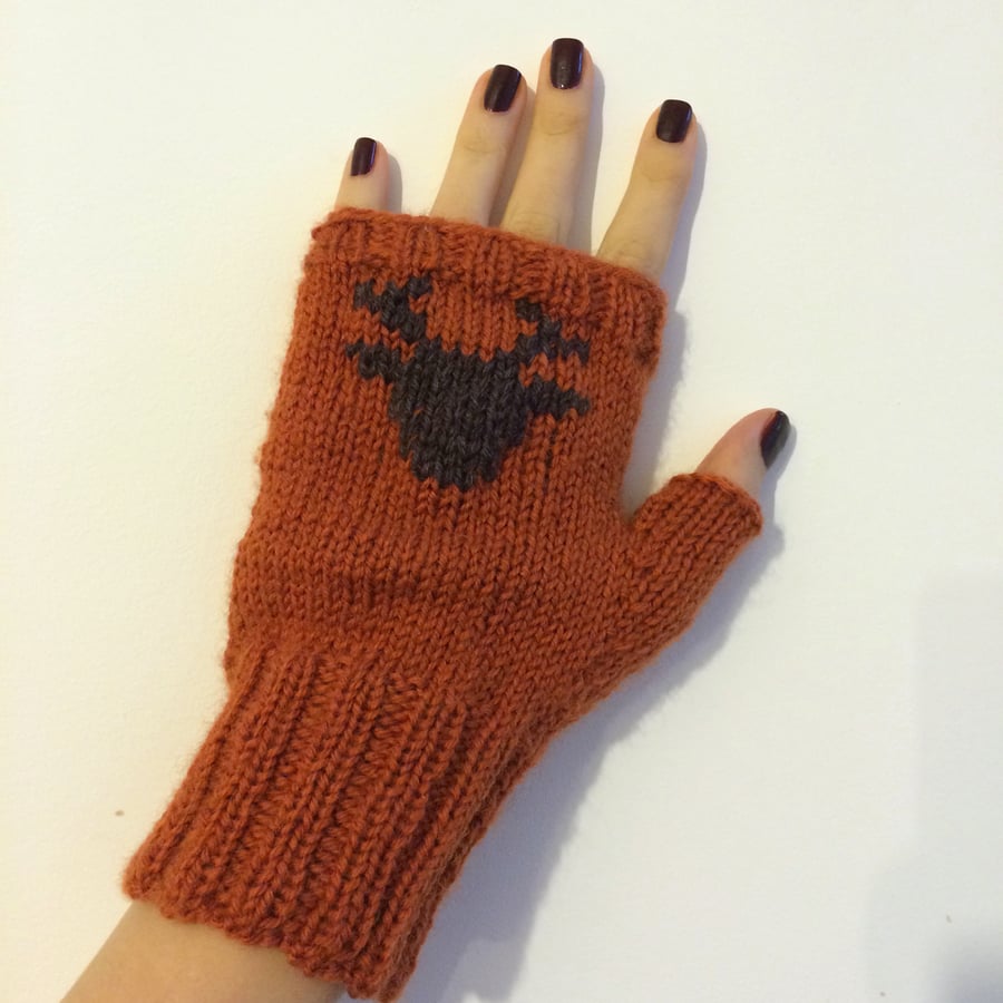 READY TO SHIP Hand Knitted Orange Wool Fingerless Gloves Brown Reindeer Elk