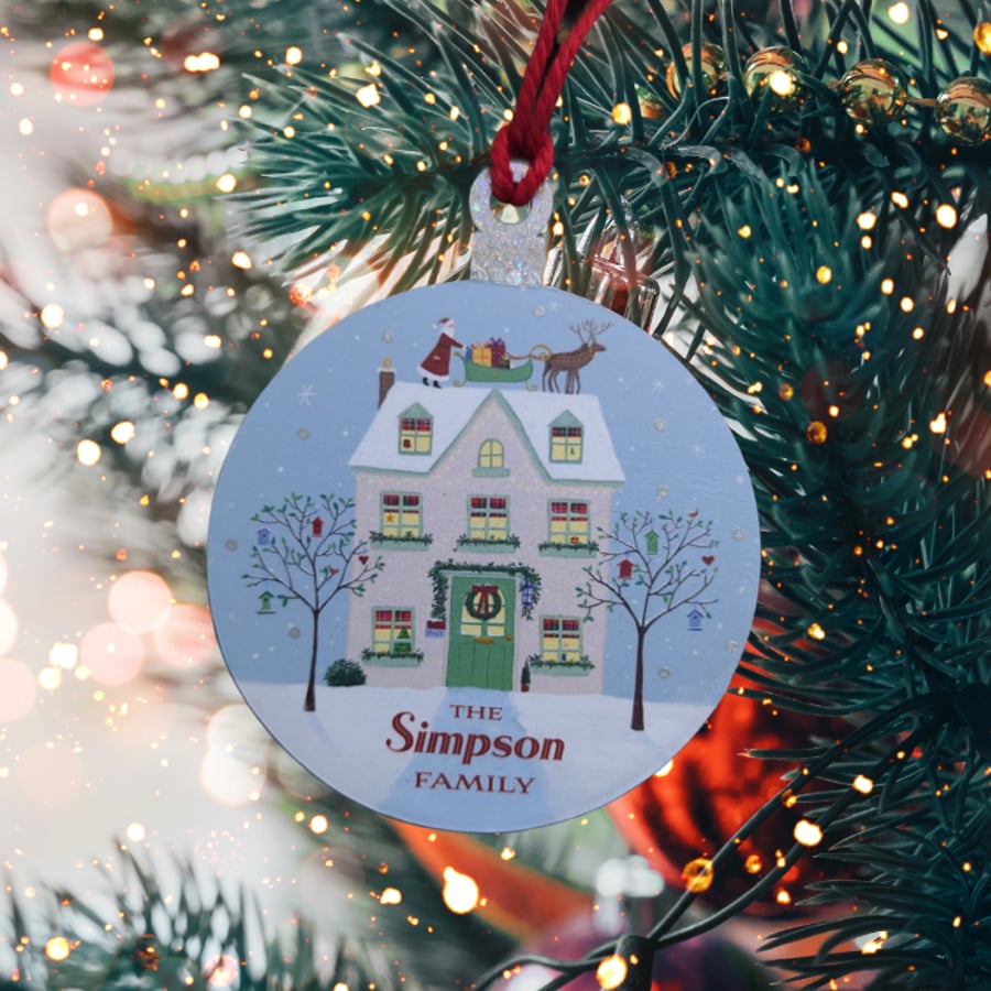 Personalised Family Name Christmas House Hanging Tree Ornament Decoration