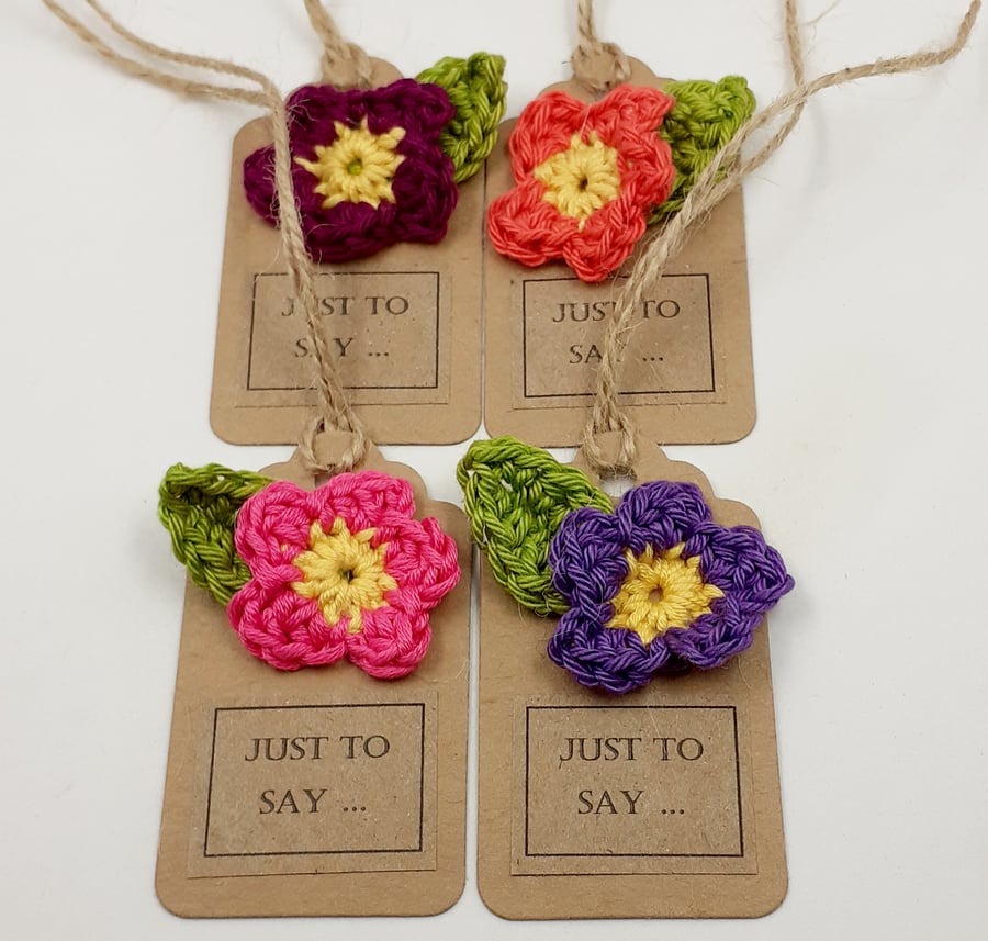 Reserved for Sarah. Four Crochet Flower Tags