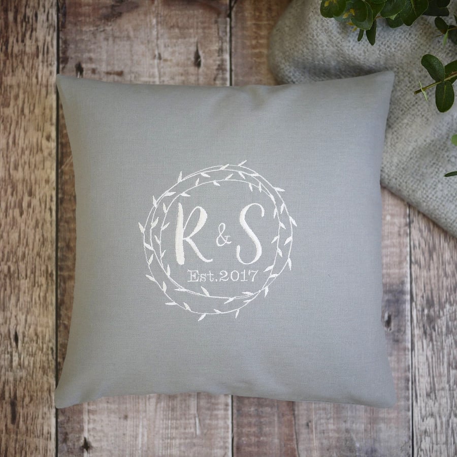 grey embroidered cushion, personalised cushion, house warming gift, wedding gift