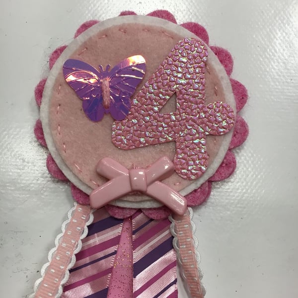Birthday badge-Rosette - Smaller design - pretty pink - butterfly