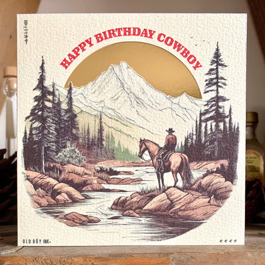 Handmade Happy Birthday Cowboy Western Card - Off white Gold