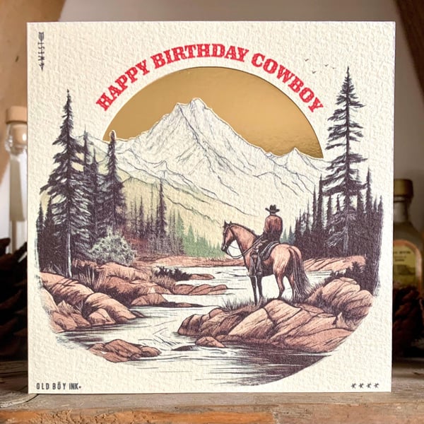 Handmade Happy Birthday Cowboy Western Card - Off white Gold
