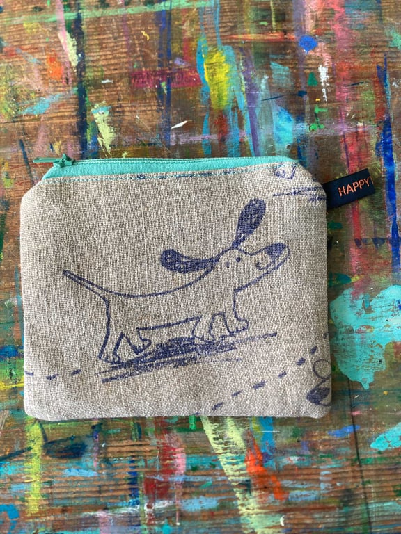 happy sausage dog small linen coin purse by Jo Brown Happy Tomato 