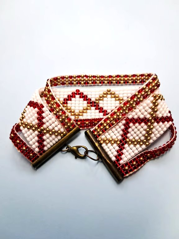 Red white gold beaded Loom bracelet