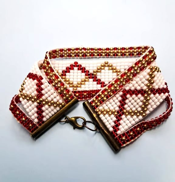 Red white gold beaded Loom bracelet