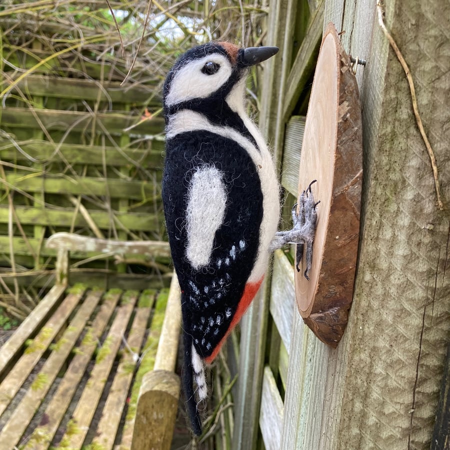 Woodpecker, British birds, needle felted model, woollen sculpture