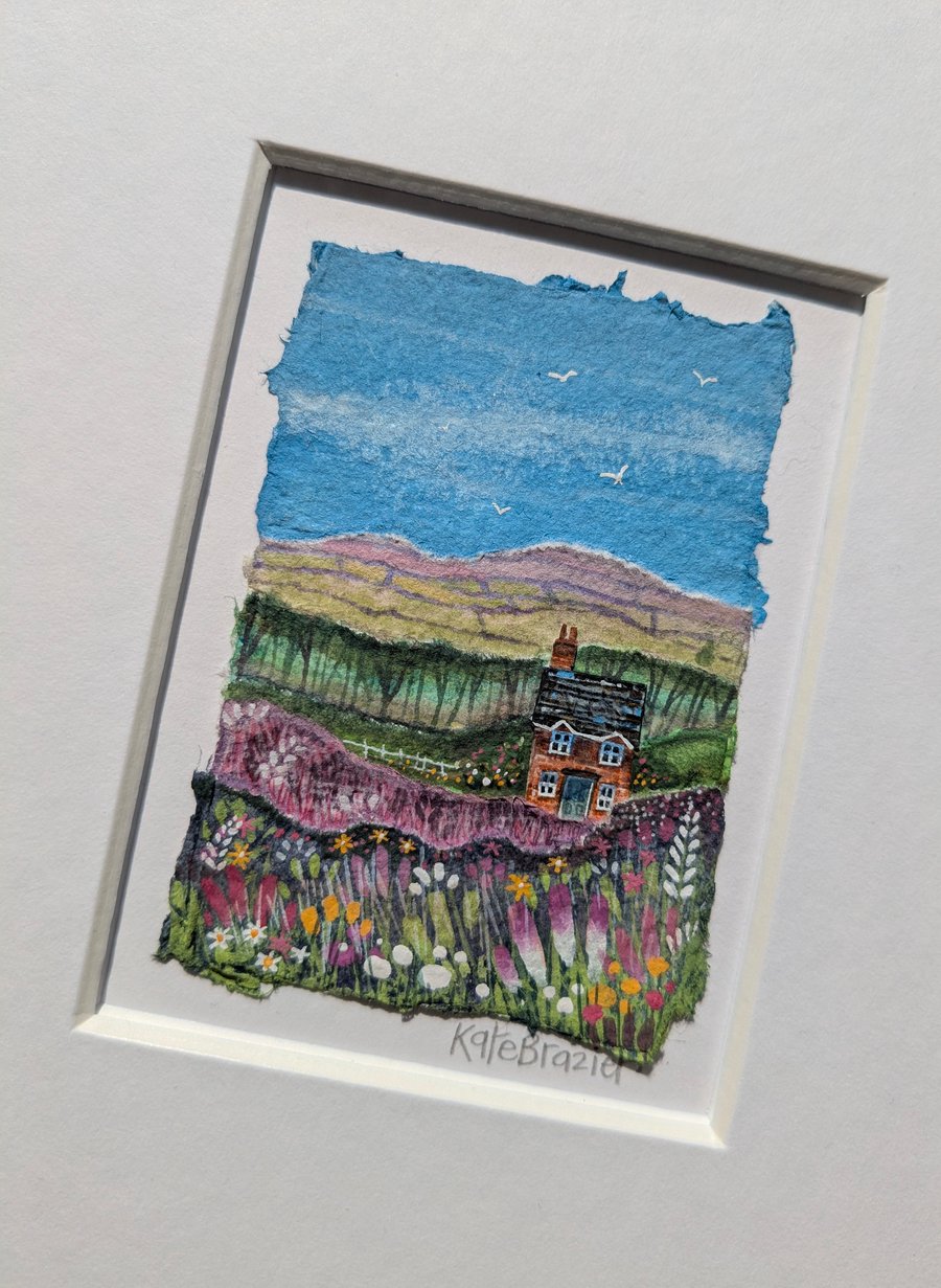 Hazy Hills Cottage - Original miniature collage. A5 Mounted