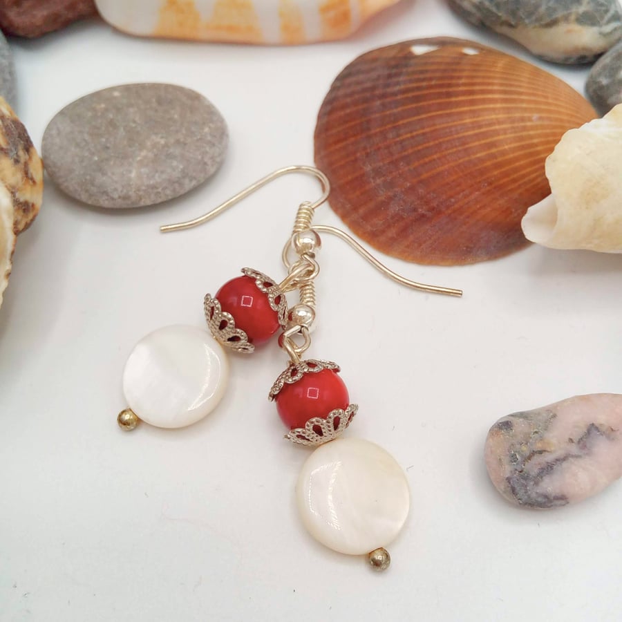 Red Bead with Silver Bead Caps and White Mother of Pearl Disc Earrings