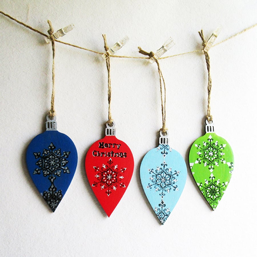 Christmas wooden oval baubles - set of four