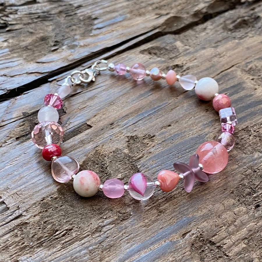 Pink Mix Beads & Sterling Silver Bracelet 