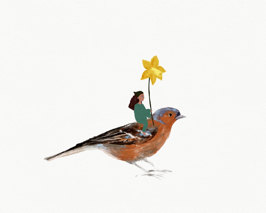 Chaffinch, Girl And Daffodil Print