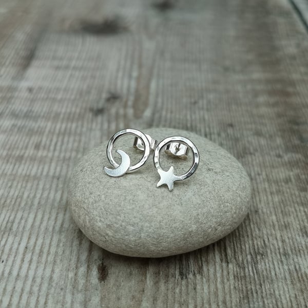Sterling Silver Star and Moon Circle Stud Earrings