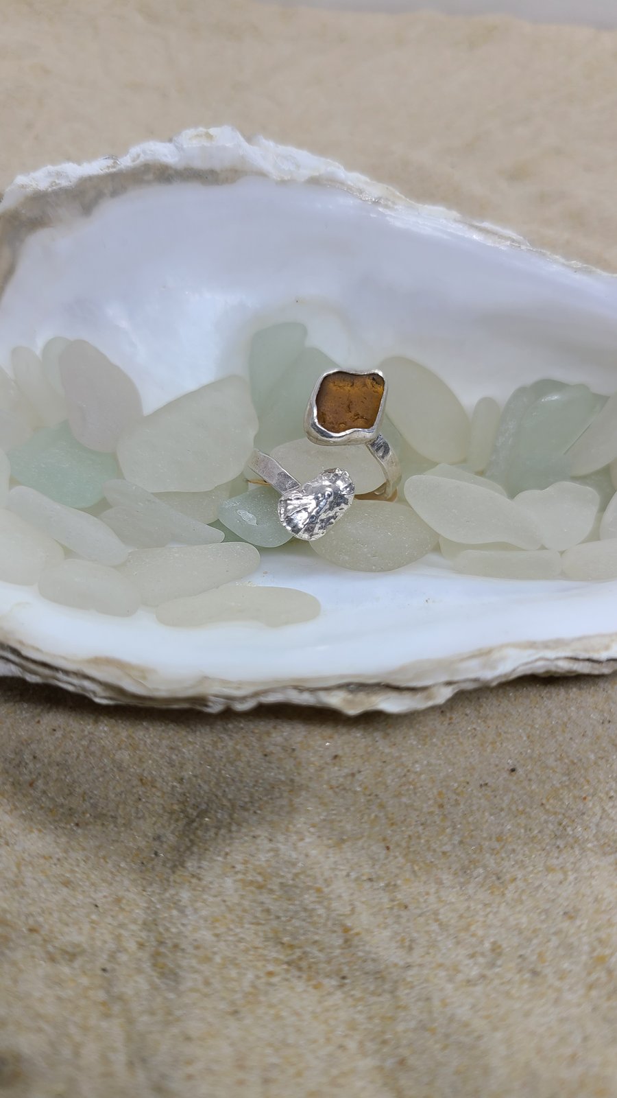 Dark amber sea glass and silver limpet ring TL3