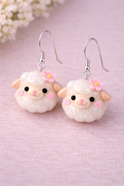 Cute Sheep Clay Earrings with Pink Flower – Handmade Farm Animal Jewellery
