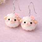 Cute Sheep Clay Earrings with Pink Flower – Handmade Farm Animal Jewellery
