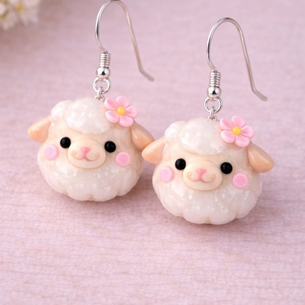 Cute Sheep Clay Earrings with Pink Flower – Handmade Farm Animal Jewellery
