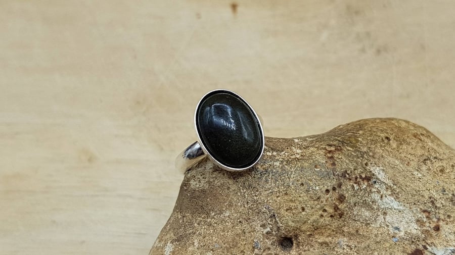 Golden sheen Obsidian ring.14x10mm stone. 925 sterling silver