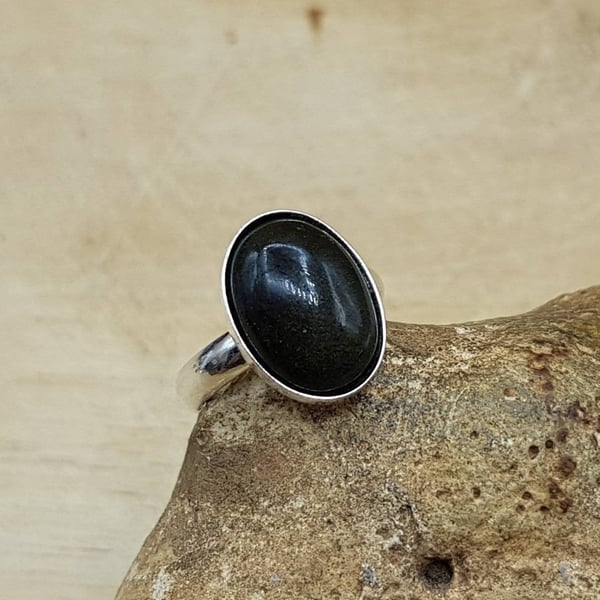 Golden sheen Obsidian ring.14x10mm stone. 925 sterling silver