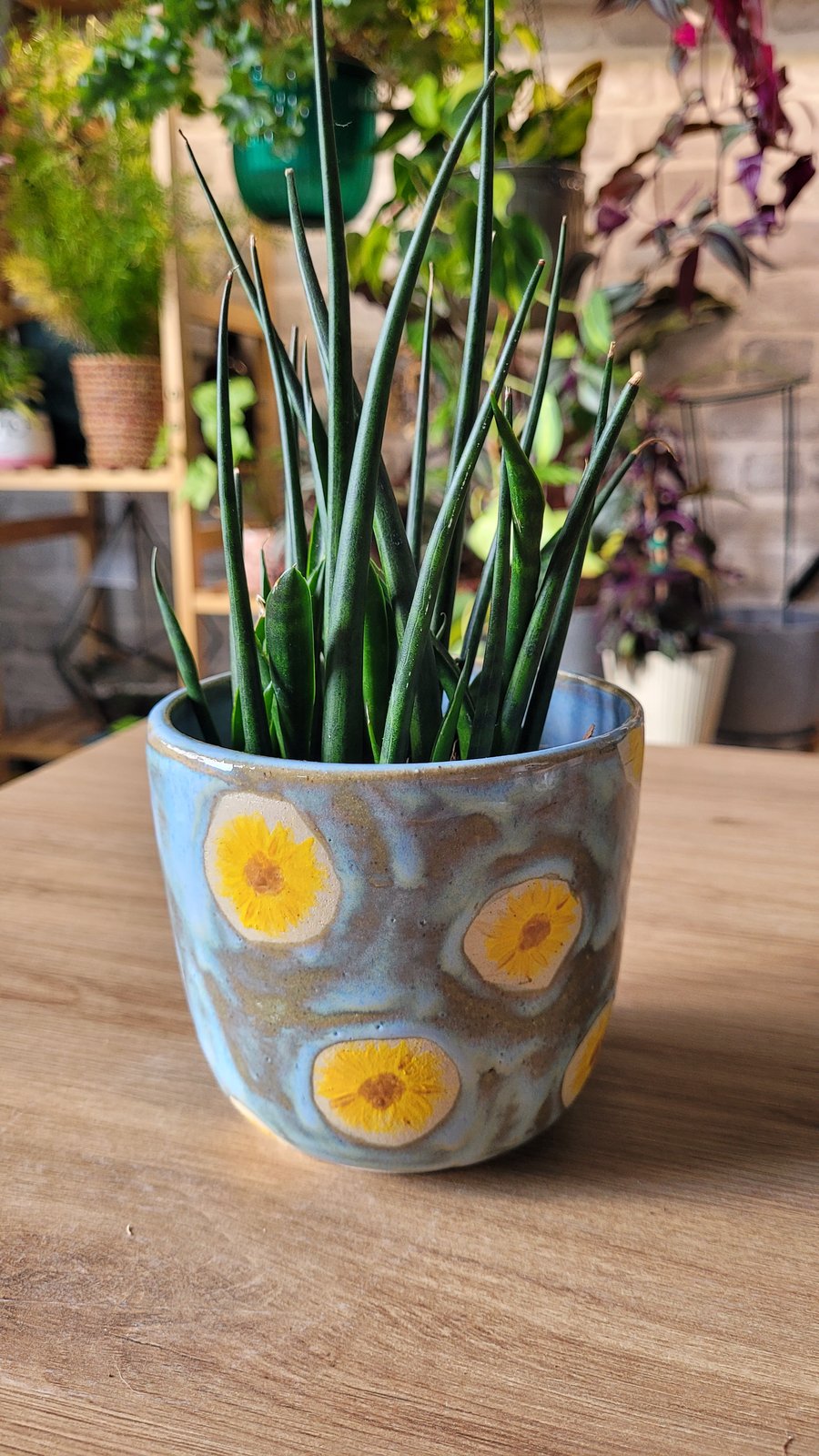 Blue Sunflower Detail Plant Pot Handmade Pottery