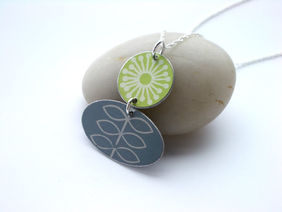 Folk art flower necklace in lime green and grey