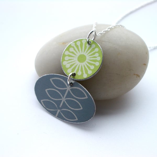 Folk art flower necklace in lime green and grey