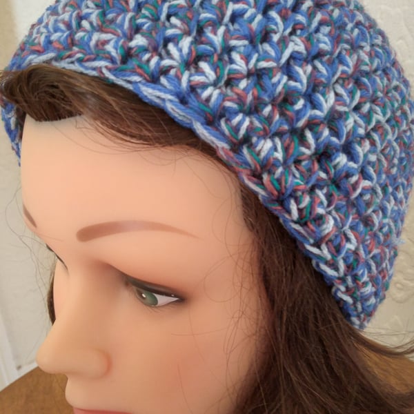 Beanie hand crocheted in blue and mauve.
