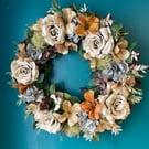Autumn Floral Door Wreath, Vintage Neutral Faux Flower Door Hanger, 40 cm