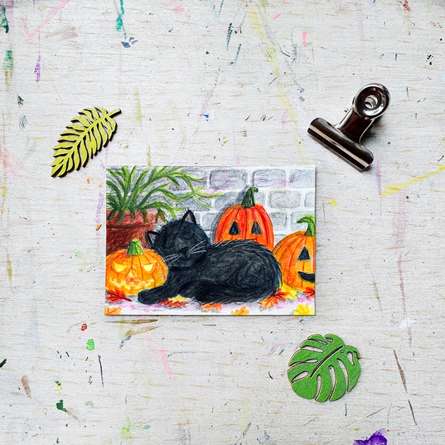 Original Aceo Black Cat Pumpkin Miniature painting - One of a kind