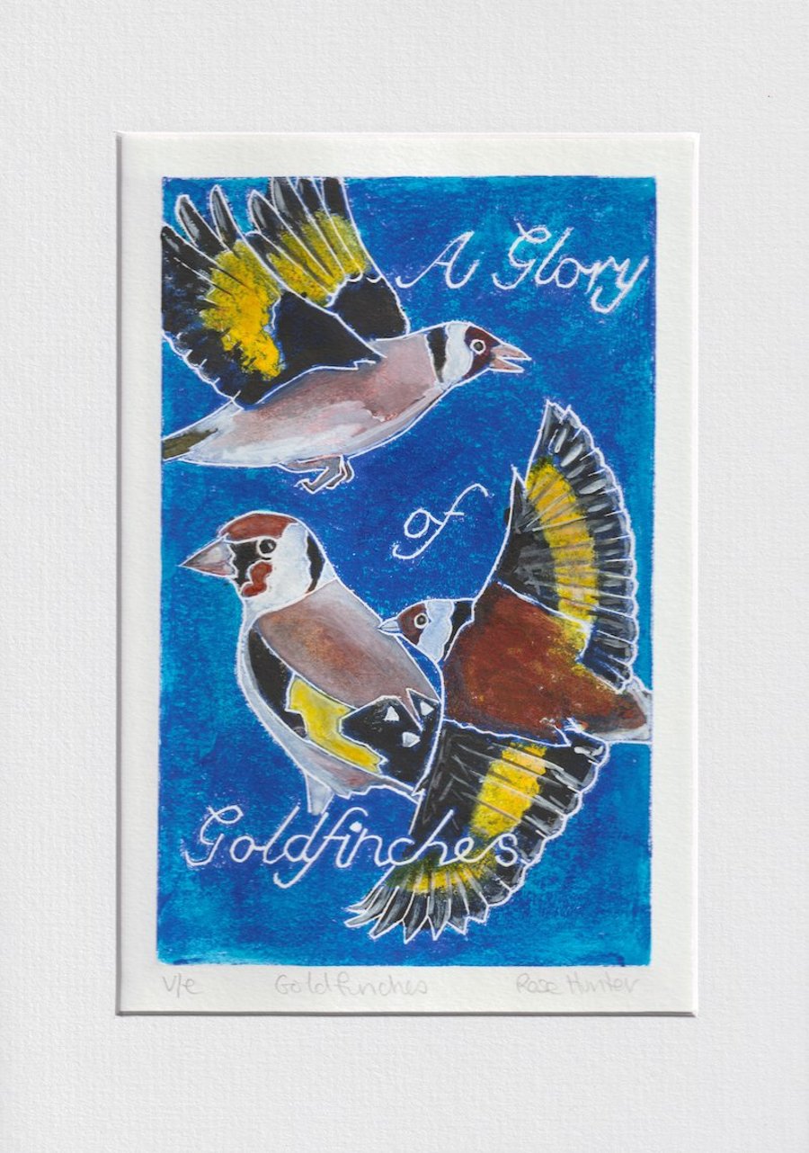 A Glory of Goldfinches - 002 original hand painted Lino print
