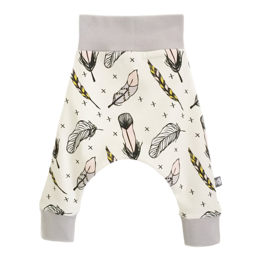 ORGANIC Baby HAREM PANTS Relaxed Trousers MULTI FEATHERS on Cream Baby Gift Ide