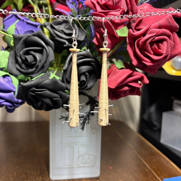 Barbed Wire Baseball Bat Earrings with nails: stanger things Handmade jewellery