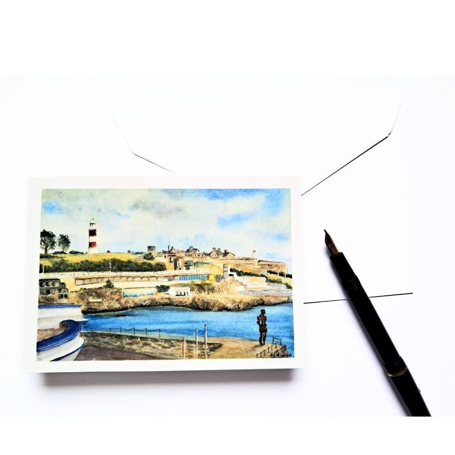 Blank greetings card of Plymouth Hoe from original painting  size A6