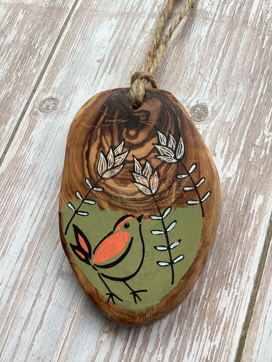 Hanging bird decoration, bird art gift, original bird art on olive wood 
